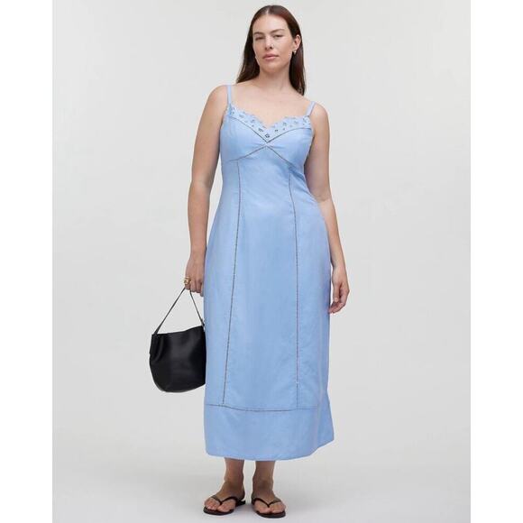 NWT Madewell Sweetheart Midi Dress in Linen-Cotton Blend In Light Blue Size 6 - Picture 1 of 11